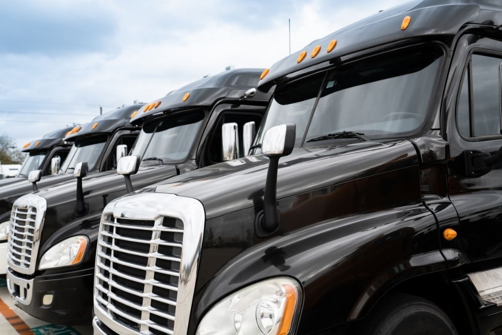Fleet of parked trucks